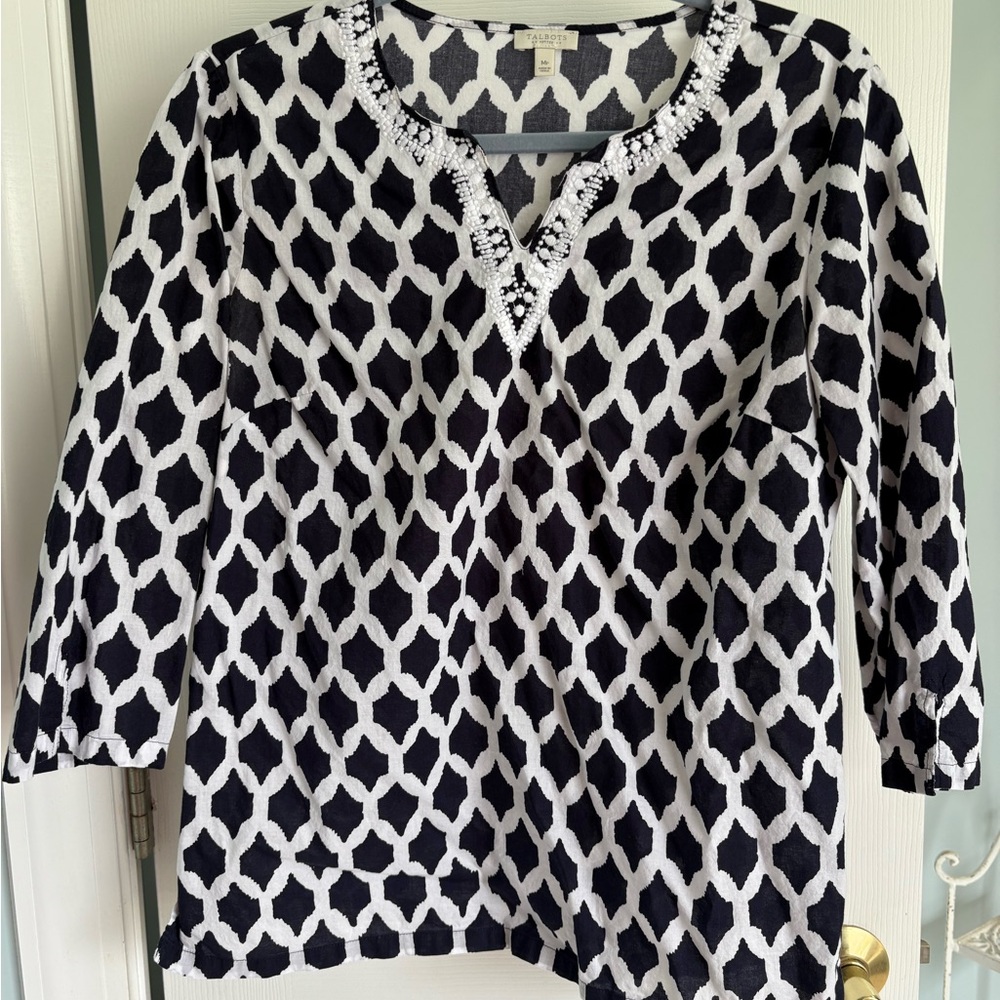 Talbots Navy and White Graphic Tunic 3/4 Sleeve